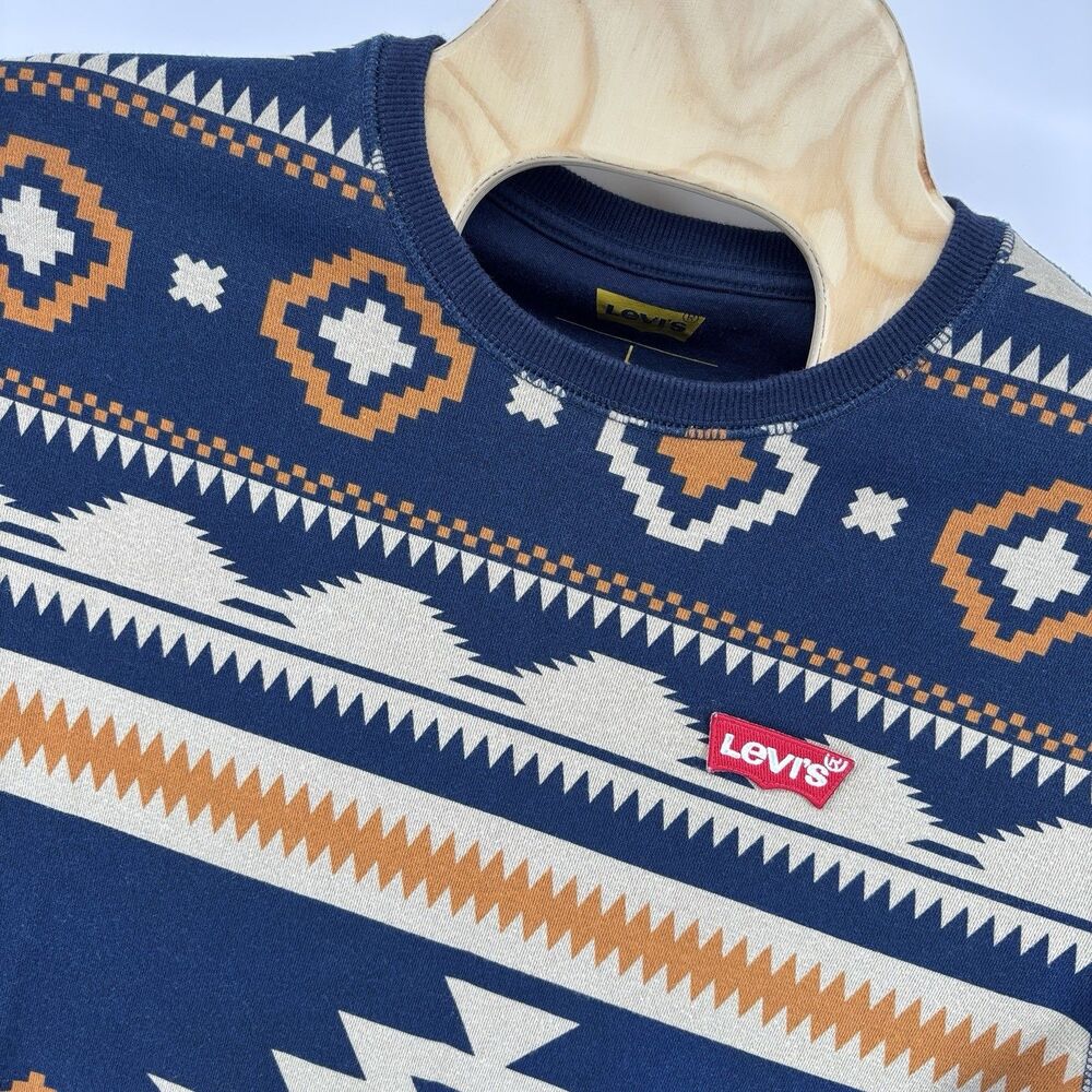 Levi's Men's L Aztec Southwestern Crewneck Sweatshirt Navy Orange 80/20